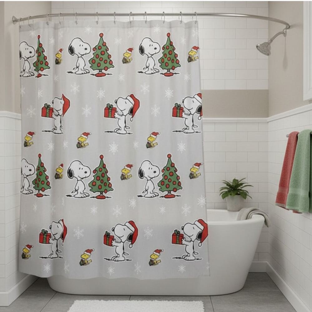 Peanuts Snoopy Woodstock Christmas Shower Curtain 72x72 Holiday Bathroom Decor